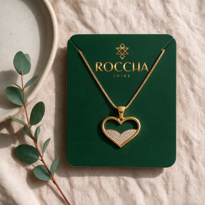 COLAR CORAÇÃO CRAVEJADO BANHADO A OURO ROCCHA JOIAS
