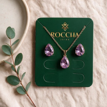 CONJUNTO COLAR E BRINCOS GOTA COM ZIRCÔNIA LILAS BANHADO A OURO