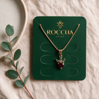 COLAR CORRENTE VENEZIANA COM PINGENTE CORAÇÃO PEQUENO VERMELHO E ZIRCÔNIA AZUL BANHADO A OURO