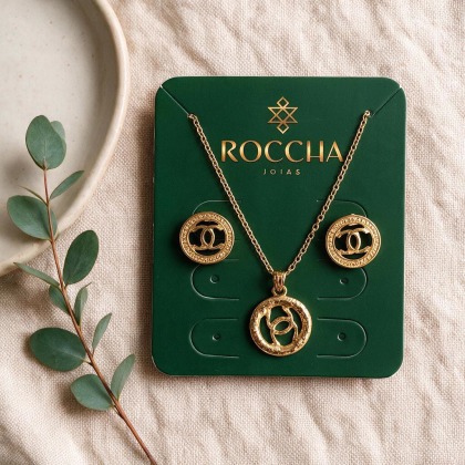 CONJUNTO DE COLAR E BRINCOS "CHANNEL" BANHADO A OURO