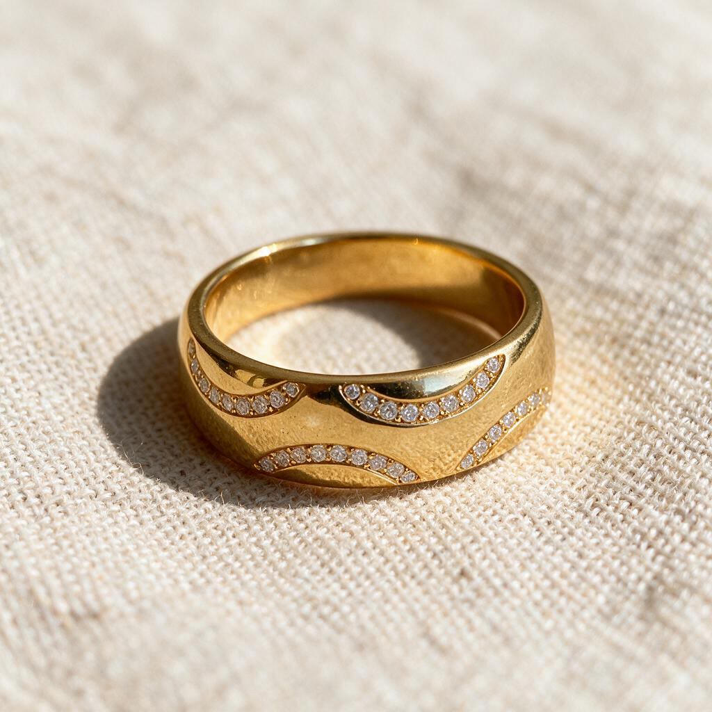 ANEL APARADOR DE ALIANÇA LARGO COM DETALGHES EM MICROZIRCÔNIAS BRANCAS BANHADO A OURO - Imagem 4