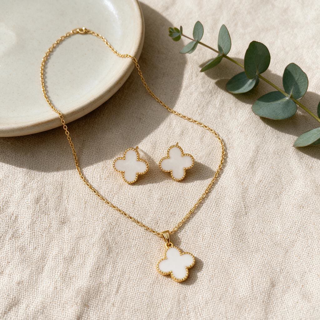 CONJUNTO COLAR E BRINCOS DE TREVO BRANCO BANHADO A OURO - Imagem 2
