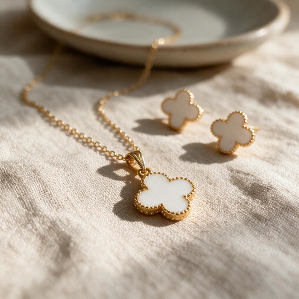 CONJUNTO COLAR E BRINCOS DE TREVO BRANCO BANHADO A OURO - Imagem 3