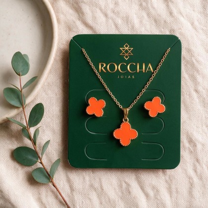 CONJUNTO COLAR E BRINCOS DE TREVO LARANJA BANHADO A OURO