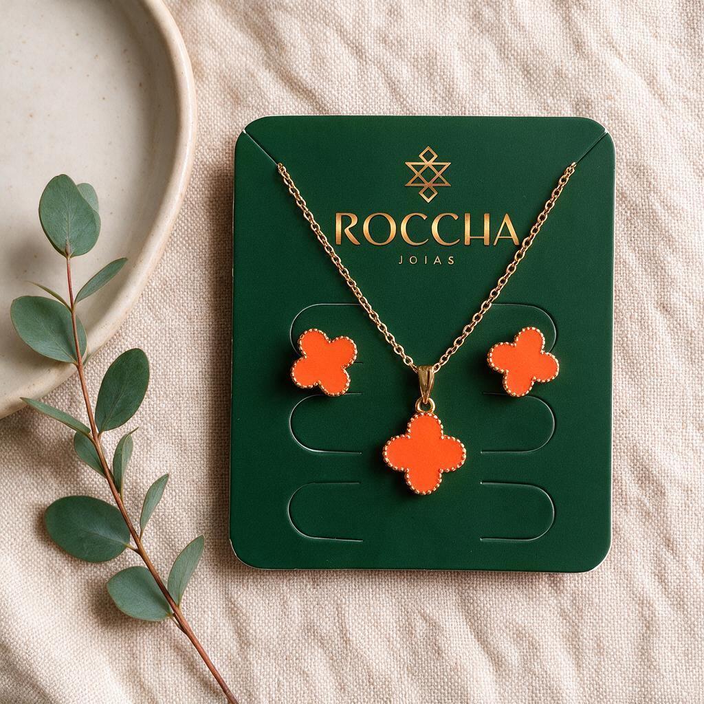 CONJUNTO COLAR E BRINCOS DE TREVO LARANJA BANHADO A OURO
