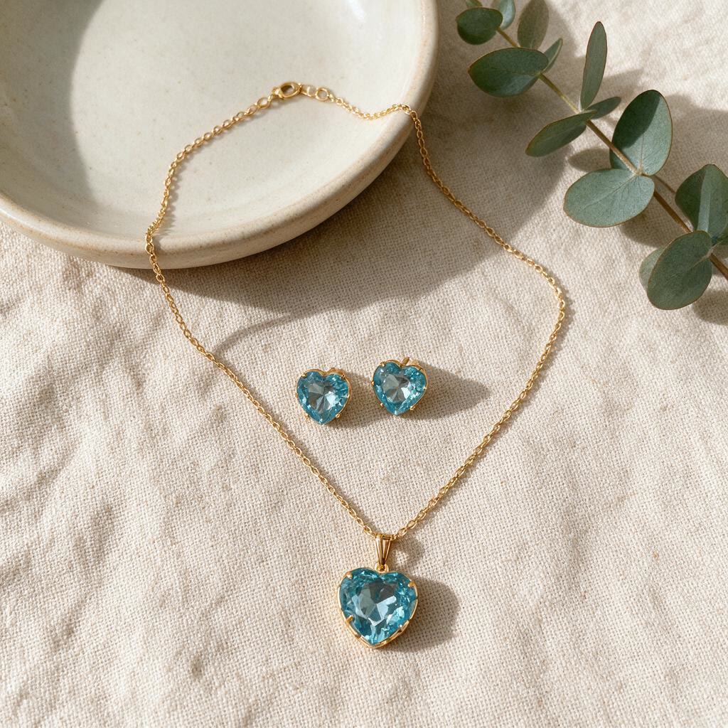 CONJUNTO DE COLAR E BRINCO FORMATO CORAÇÃO ZIRCONIA AZUL CLARO BANHADO A OURO - Imagem 2