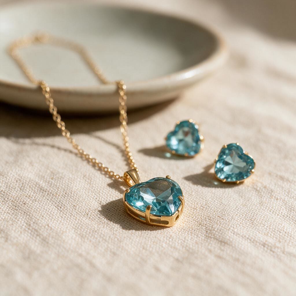 CONJUNTO DE COLAR E BRINCO FORMATO CORAÇÃO ZIRCONIA AZUL CLARO BANHADO A OURO - Imagem 3