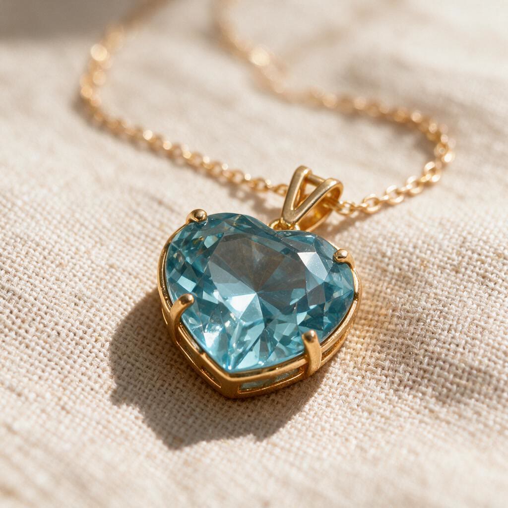 CONJUNTO DE COLAR E BRINCO FORMATO CORAÇÃO ZIRCONIA AZUL CLARO BANHADO A OURO - Imagem 4