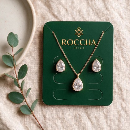 CONJUNTO DE COLAR E BRINCO FORMATO GOTA ZIRCONIA TRANSPARENTE BANHADO A OURO