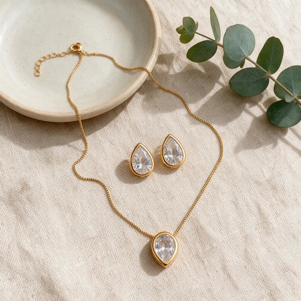 CONJUNTO DE COLAR E BRINCO FORMATO GOTA ZIRCONIA TRANSPARENTE BANHADO A OURO - Imagem 2