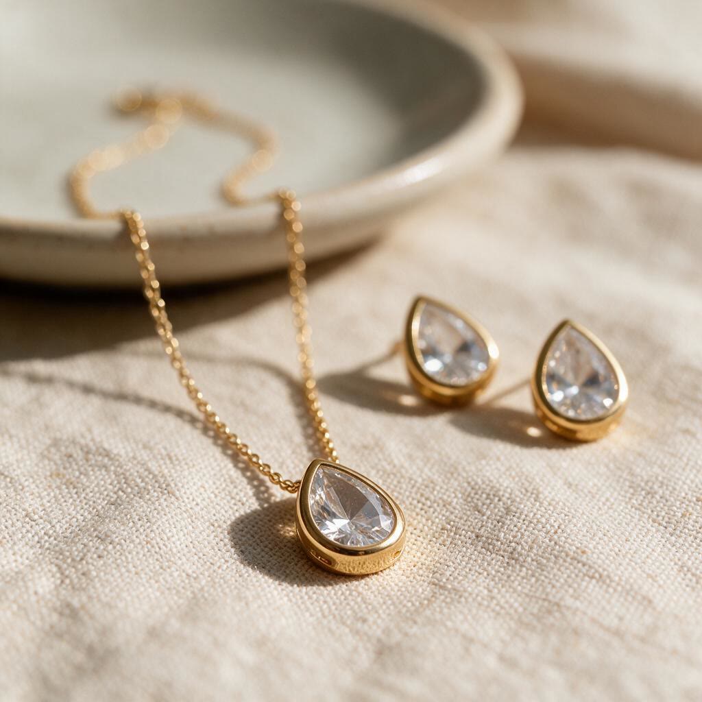 CONJUNTO DE COLAR E BRINCO FORMATO GOTA ZIRCONIA TRANSPARENTE BANHADO A OURO - Imagem 3