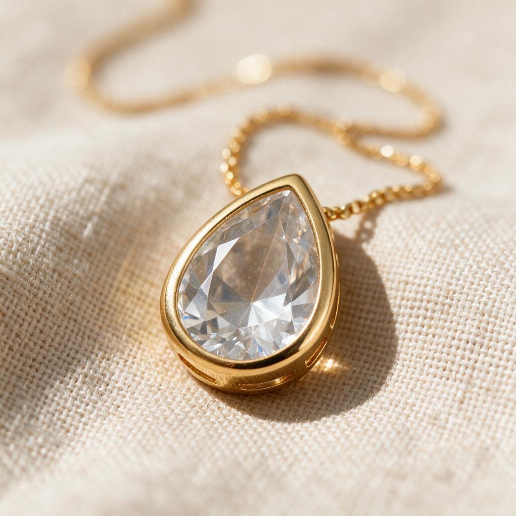 CONJUNTO DE COLAR E BRINCO FORMATO GOTA ZIRCONIA TRANSPARENTE BANHADO A OURO - Imagem 4