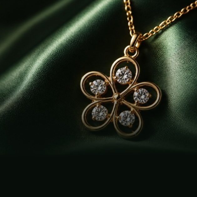 Pingente Flor de Cristal em banho de ouro 18k sobre seda verde.
