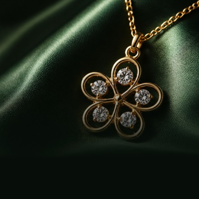 Pingente Flor de Cristal em banho de ouro 18k sobre seda verde.